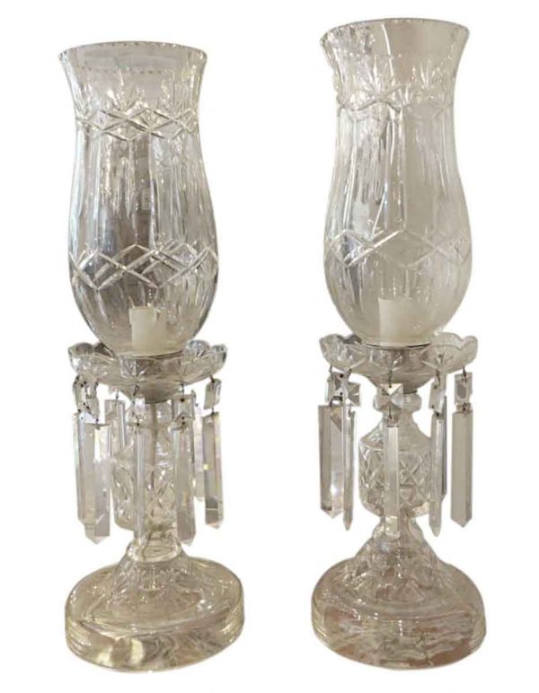 Candelabra Lamps - Pair of Etched Clear Crystal Mantel Candelabra Lamps