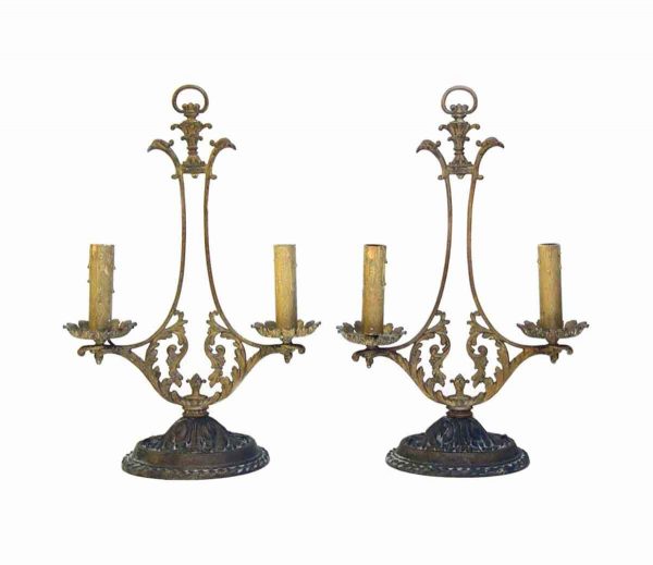 Candelabra Lamps - Pair of Victorian Bronze Double Arm Table Lamps