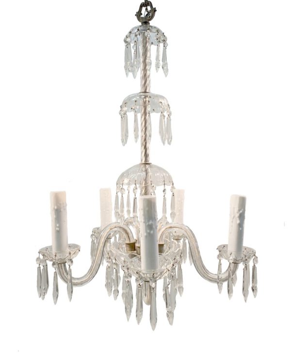 Chandeliers - 1920s Crystal 5 Arm Chandelier with Crystal Arms