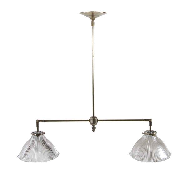 Down Lights - Double Brass Prism Holophane Ruffled Shade Pendant Light