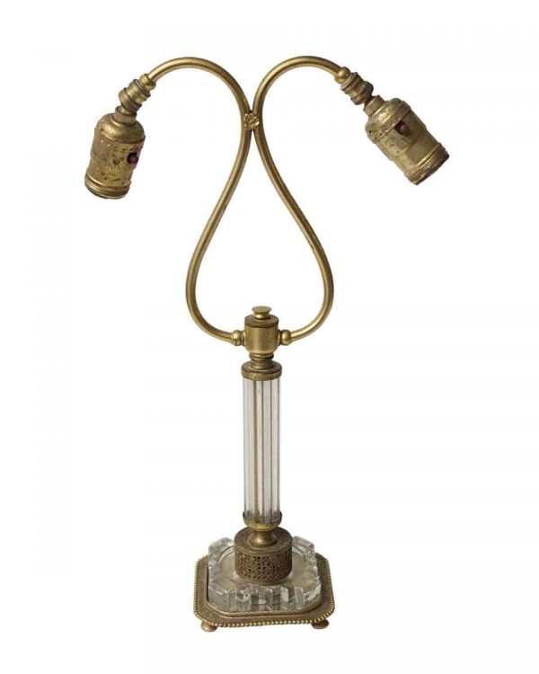 Table Lamps - 1940s Brass Glass Two Bulb Goose Neck Table Lamp