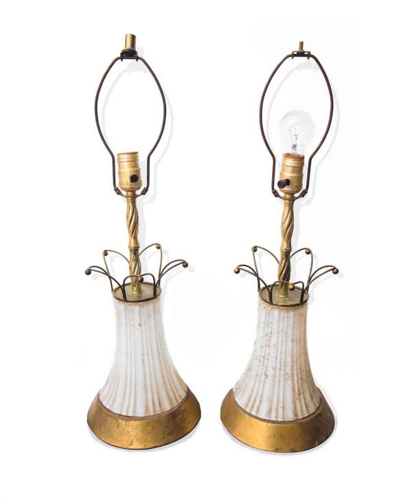 Table Lamps - Mid Century White Milk Glass & Brass Table Lamps