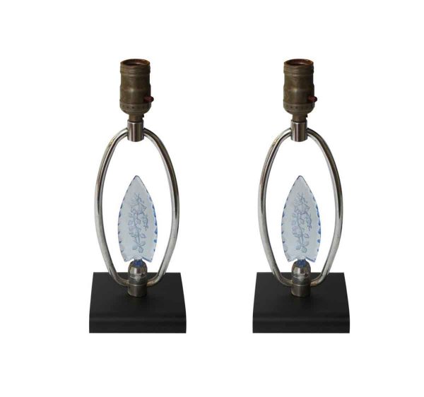 Table Lamps - Pair of Blue Floral Glass Vanity Table Lamps