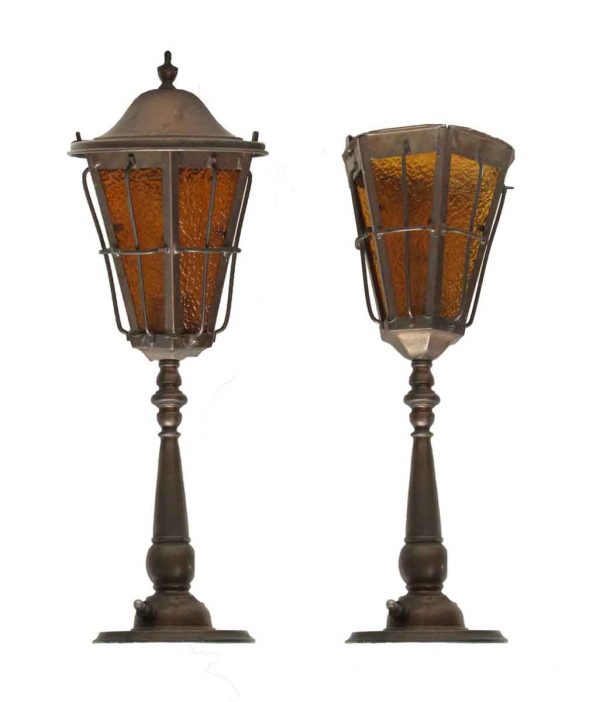 Table Lamps - Pair of Copper Table Lamps With Amber Glass