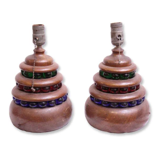 Table Lamps - Pair of Modern Multi Colored Beehive Wood Table Lamps
