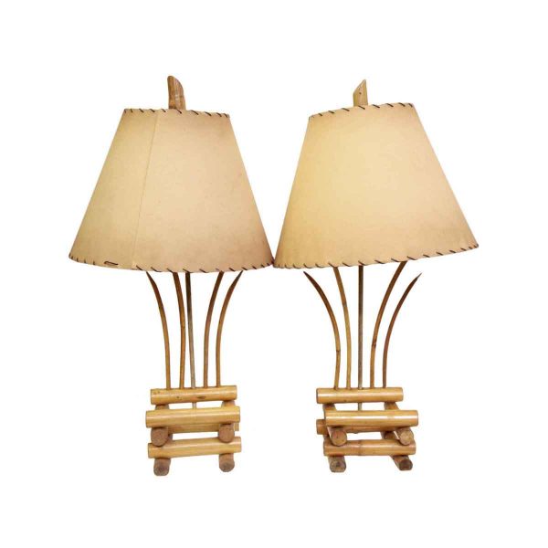 Table Lamps - Pair of Modern Tan Bamboo Table Lamps