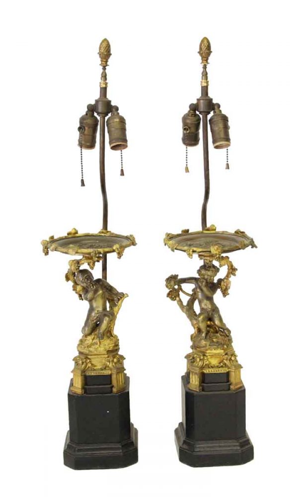 Table Lamps - Pair of Victorian Brass 2 Bulb Cherubic Table Lamps