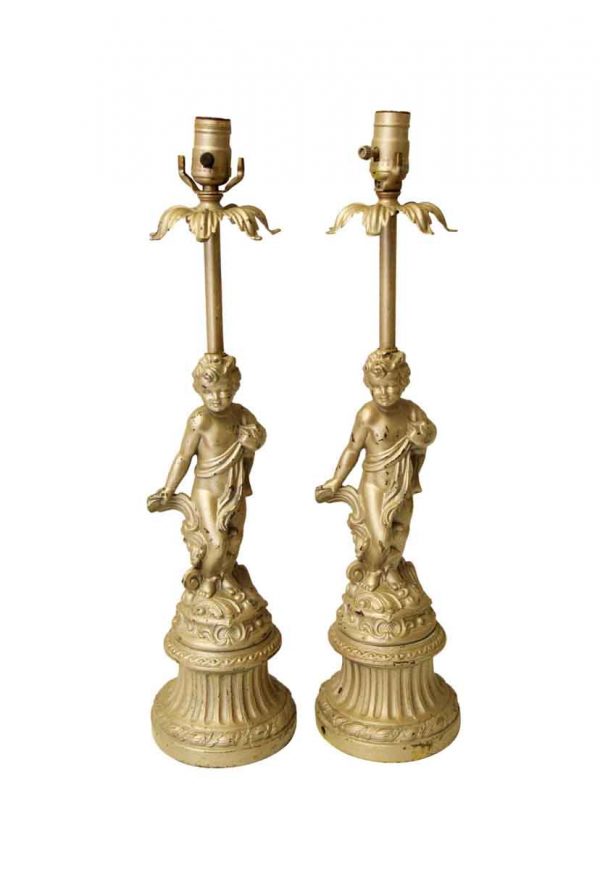 Table Lamps - Pair of Victorian Golden Cherubic Table Lamps
