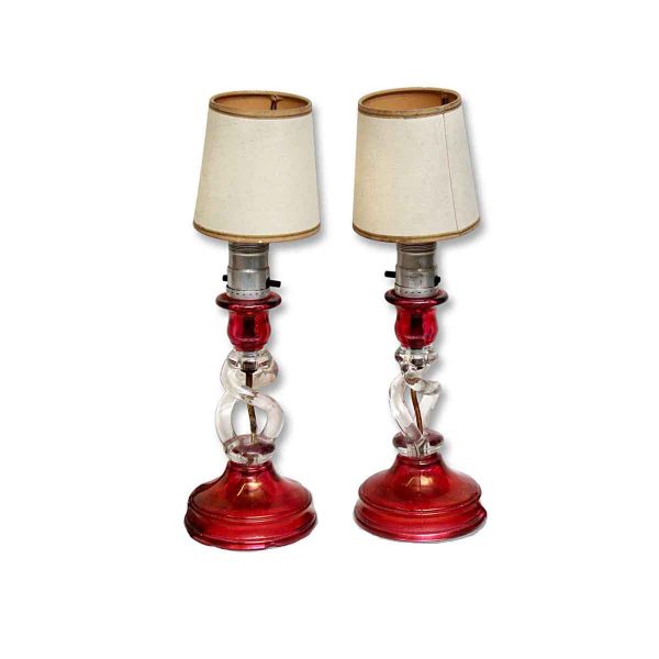 Table Lamps - Pair of Vintage Red & Clear Squiggly Glass Table Lamps