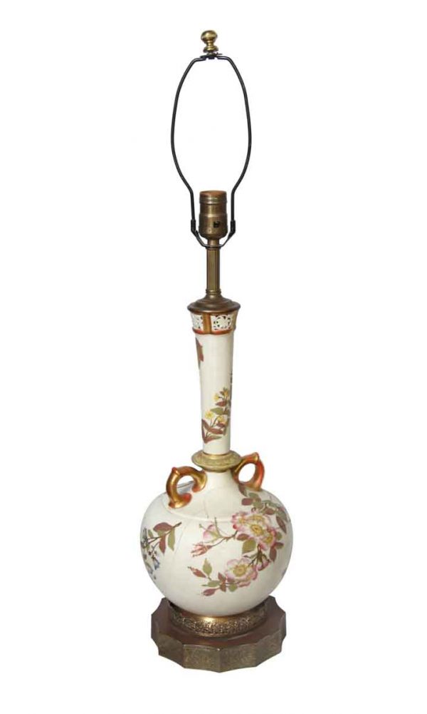 Table Lamps - Vintage Hand Painted Oriental Floral Brass Base Table Lamp