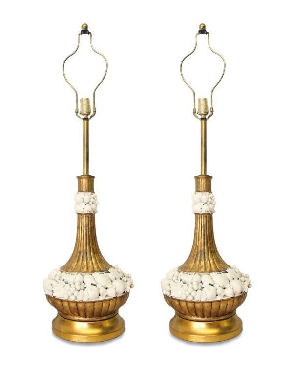 Table Lamps - Vintage Italian White Ceramic Gold Finish Table Lamps