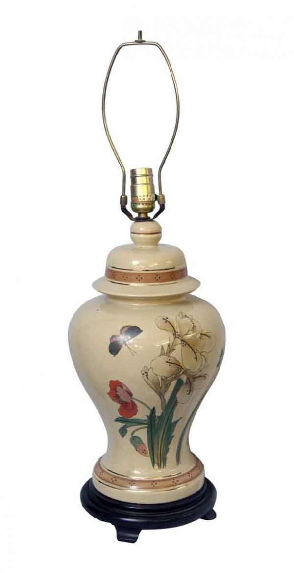 Table Lamps - Vintage Tan Floral Ceramic Black Wood Table Lamp