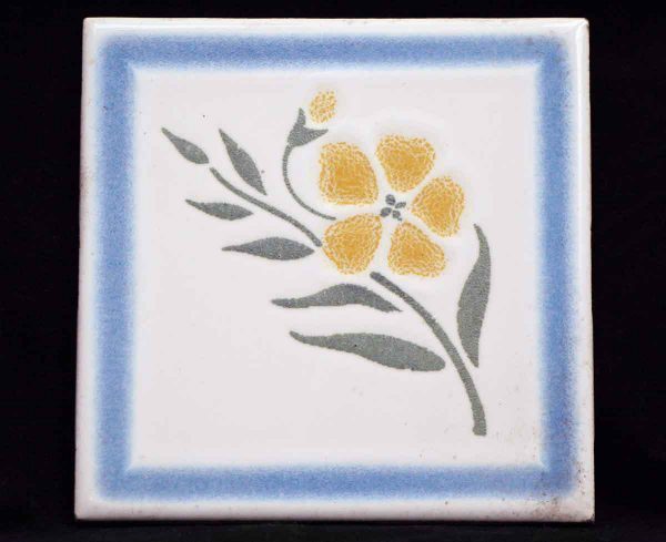 Wall Tiles - Antique Blue & White Yellow Flower Wall Tile 4.25 x 4.25