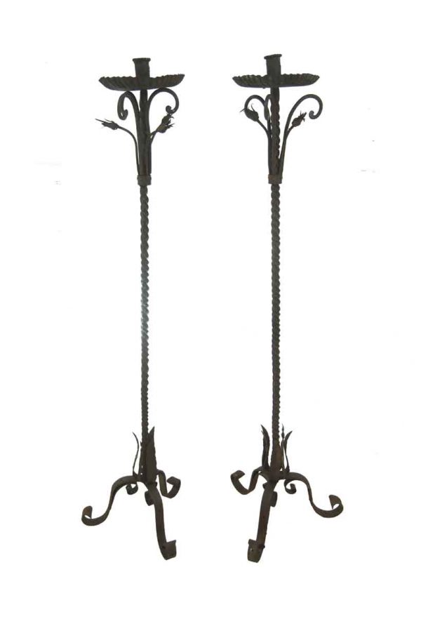 Candle Holders - Pair of Antique French 69 in. Black Wrought Iron Candle Stands