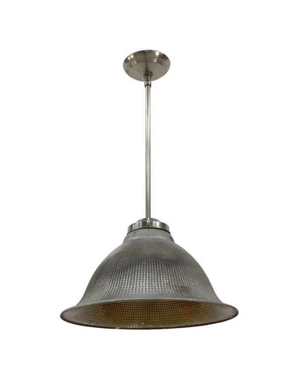 Down Lights - 1920s Industrial Silvered Waffle Glass Pendant Light