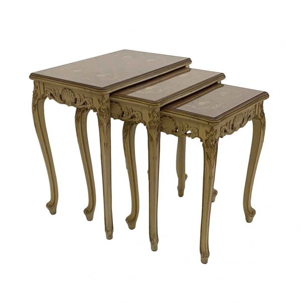 Living Room - Antique French Hand Carved Inlaid Nesting Tables with Glass Tops
