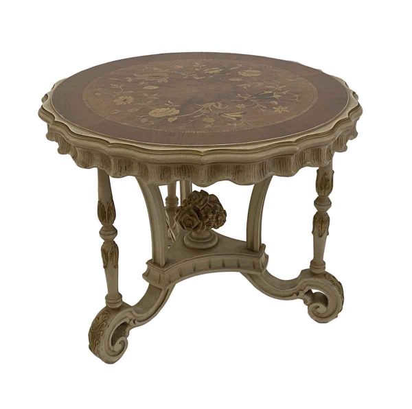 Living Room - Italian Inlaid Round Wooden Side Table with Floral Design