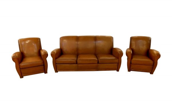 Living Room - Set of Vintage Brown Leather French Club Chairs & Couch