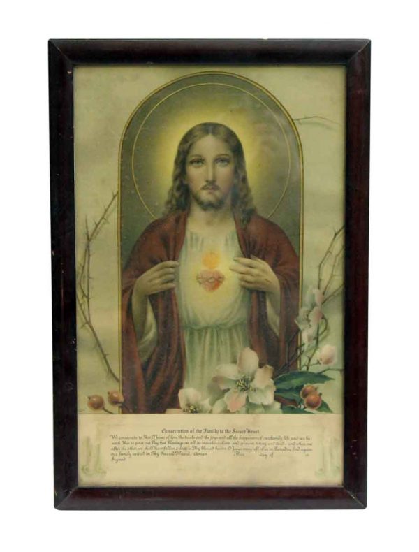 Prints  - 1940s Catholic Jesus Sacred Heart Framed Print 17.25 x 11.75