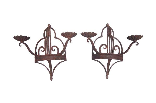 Sconces & Wall Lighting - Pair of Art Deco Wrought Iron 2 Arm Wall Sconces