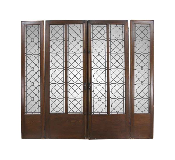Arched Doors - Arts & Crafts Leaded Glass Oak Double Tudor Doors with Sidelights