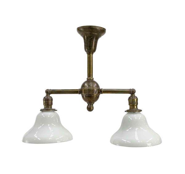 Down Lights - 1910s Traditional 2 Milk Glass Shades Brass Pendant Light