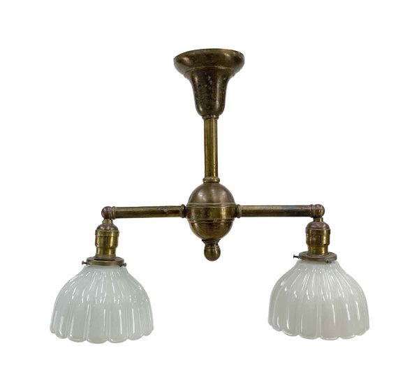 Down Lights - 1910s Traditional Brass 2 Fluted Glass Shades Pendant Light