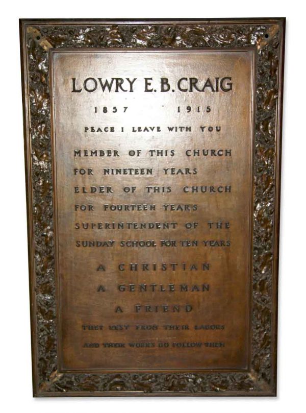 Plaques & Plates - Antique Wood Lowry E. B. Craig Memorial Plaque Frame