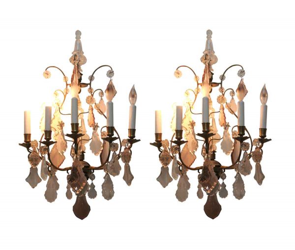 Sconces & Wall Lighting - Antique 5 Arm Baccarat Bronze & Crystal Wall Sconces