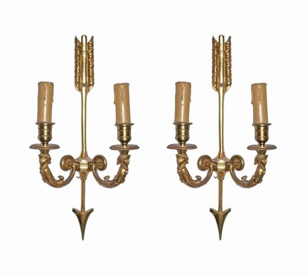 Sconces & Wall Lighting - Antique French Figural Arrow Detail Brass Wall Sconces