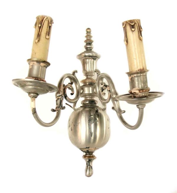 Sconces & Wall Lighting - Antique Heavy 2 Arm Silver Plate Cast Bronze Williamsburg Sconce