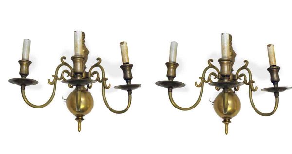Sconces & Wall Lighting - Pair of Colonial Revival Brass 3 Arm Wall Sconces