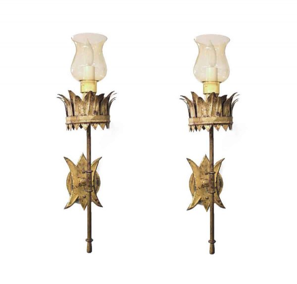 Sconces & Wall Lighting - Pair of French Gold Gilded Crown Base Wall Sconces