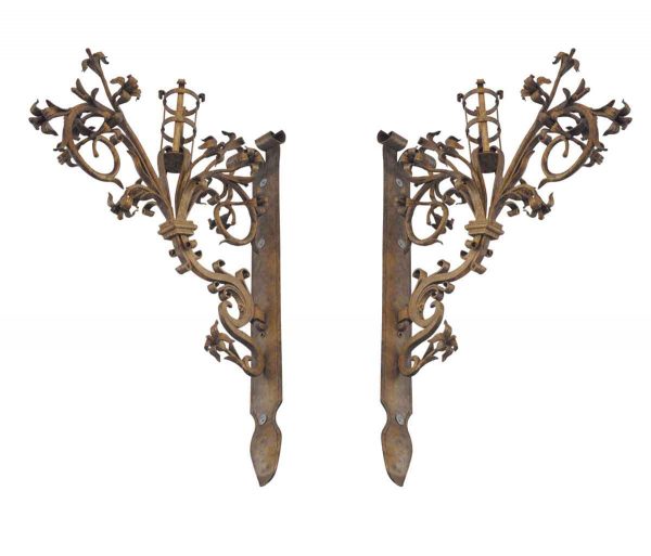 Sconces & Wall Lighting - Pair of German Hand Forged Iron Gold Gilded Floral Sconces