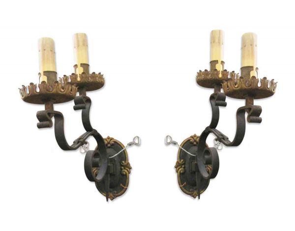 Sconces & Wall Lighting - Pair of Tudor Two Arm Wrought Iron Wall Sconces