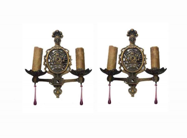 Sconces & Wall Lighting - Pair of Victorian 2 Arm Bronze Lion Crest Wall Sconces