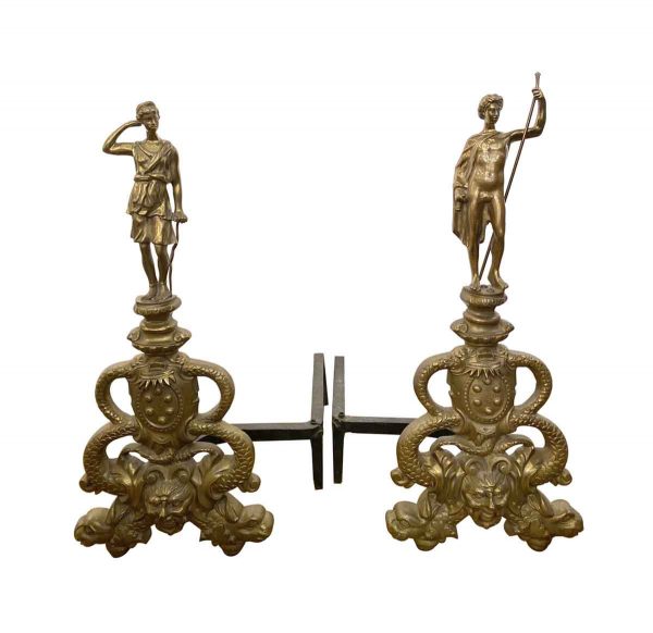 Andirons - 19th Century Pair of Bronze Figural Andirons