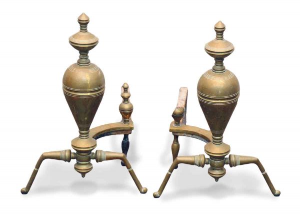 Andirons - Antique Traditional Steeple Brass & Iron Andirons