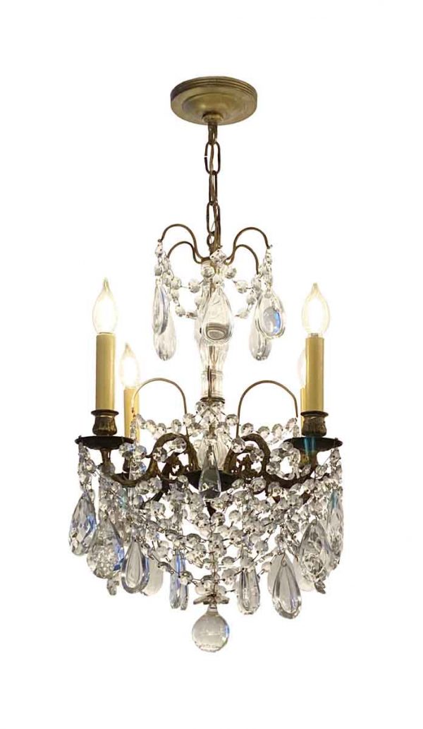 Chandeliers - 1910s Petite Crystal & Bronze 4 Arm French Chandelier