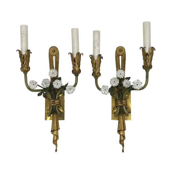 Sconces & Wall Lighting - Pair of Italian Bronze 2 Arm Porcelain Flowers Wall Sconces