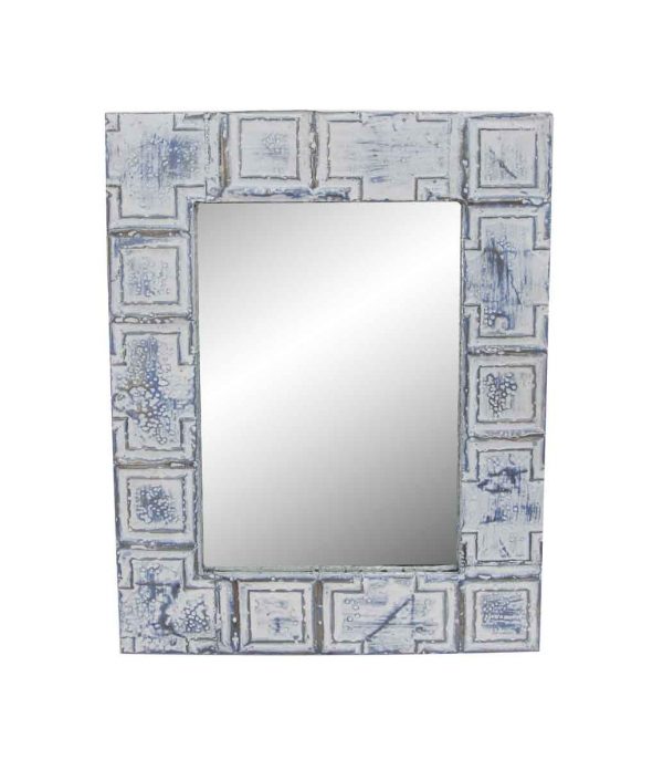 Antique Tin Mirrors - Handcrafted White Blue Squares Antique Tin Mirror