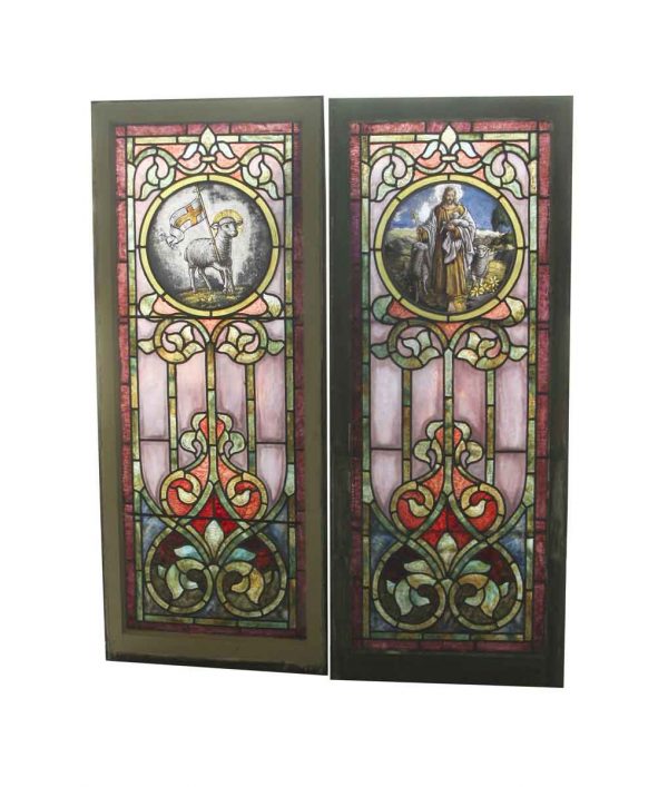 Religious Stained Glass - Pair of Colorful Stained Glass Church Windows 59.5 x 48