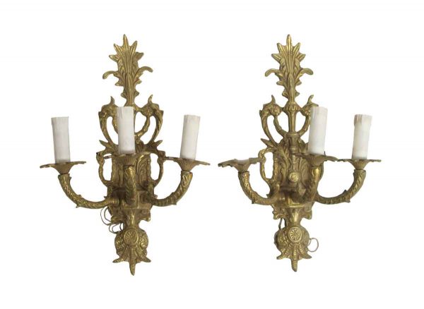 Sconces & Wall Lighting - Pair of French Brass 3 Arm Foliage Wall Sconces
