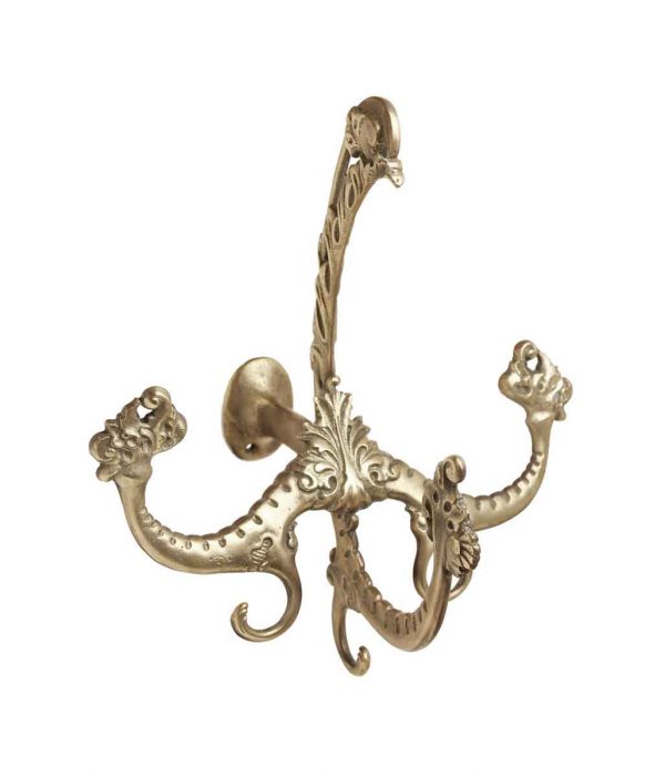 Single Hooks - Antique Oversized Ornate Quad Arm Brass Hall Hook