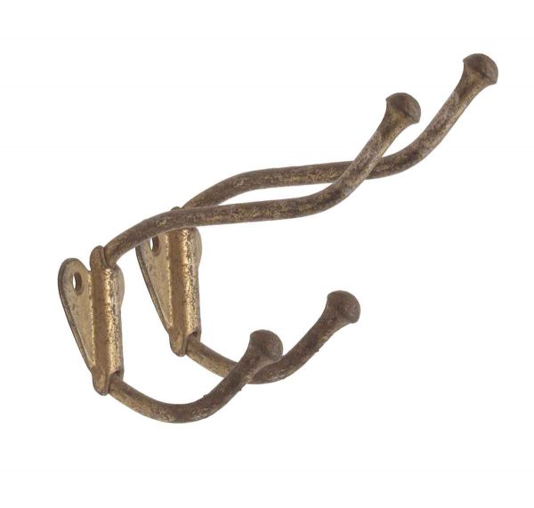 Single Hooks - Pair of Brass Heart Shaped Back Double Arm Wall Hooks