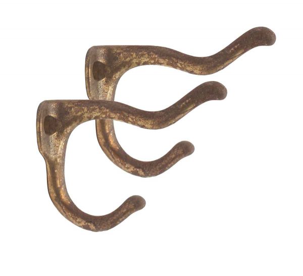 Single Hooks - Pair of Curved Patina Brass Double Arm Wall Hooks