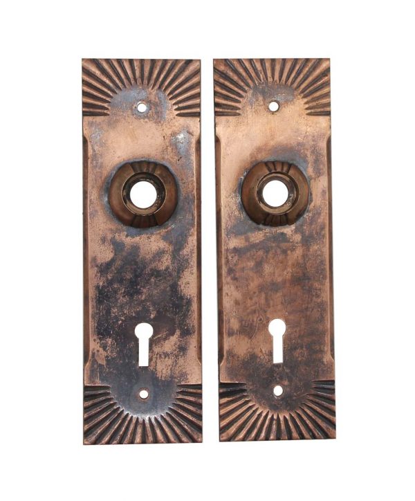 Back Plates - Pair of 6.5 in. Sunburst Copper Plated Brass Door Back Plates
