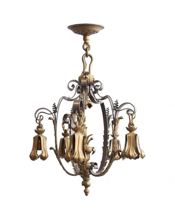 Chandeliers - 1940s French Wrought Iron & Brass 5 Down Light Chandelier