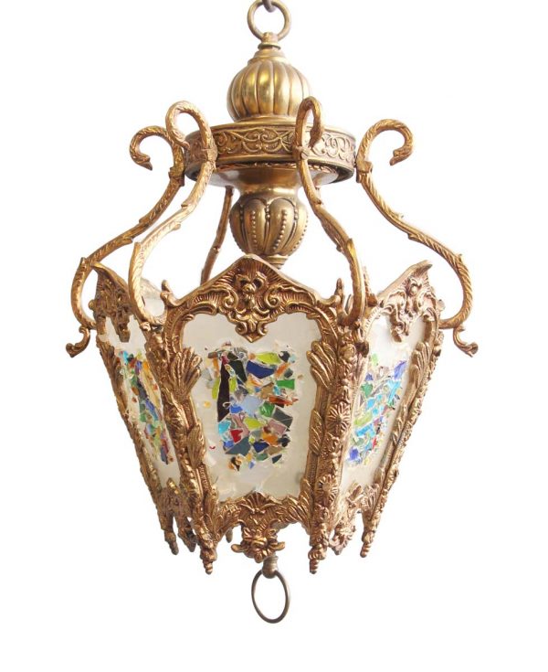 Down Lights - French Brass & Glass Colorful Pendant Light with Ornate Frame