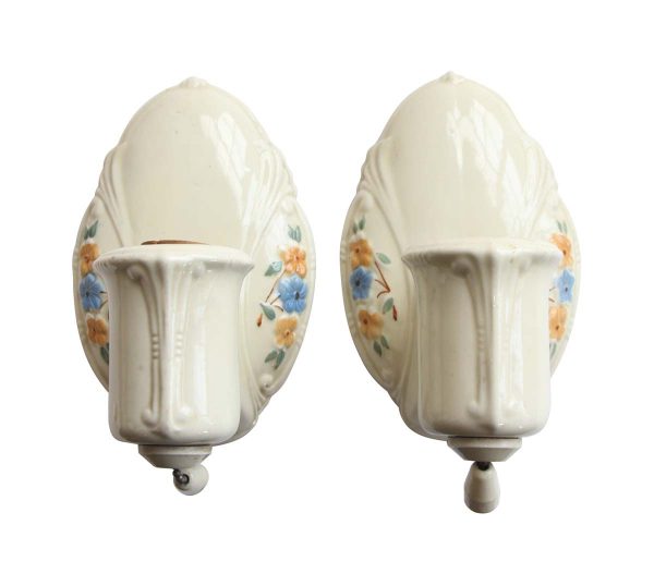 Sconces & Wall Lighting - Pair of 1910s Porcelain Floral Bathroom Wall Sconces